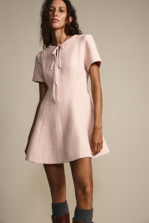 

Платье мини твидовое с завязками, Розовый, Платье мини твидовое с завязками