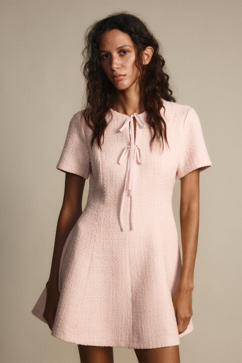 

Платье мини твидовое с завязками, Розовый, Платье мини твидовое с завязками