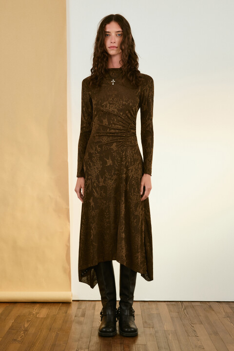 

Платье асимметричное с драпировками, Коричневый, Платье асимметричное с драпировками