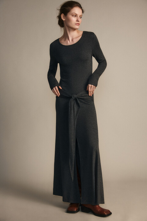 

Платье макси трикотажное с поясом, Серый, Платье макси трикотажное с поясом