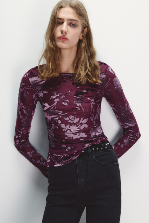 

Лонгслив из сетки с цветочным принтом, Фиолетовый, Лонгслив из сетки с цветочным принтом