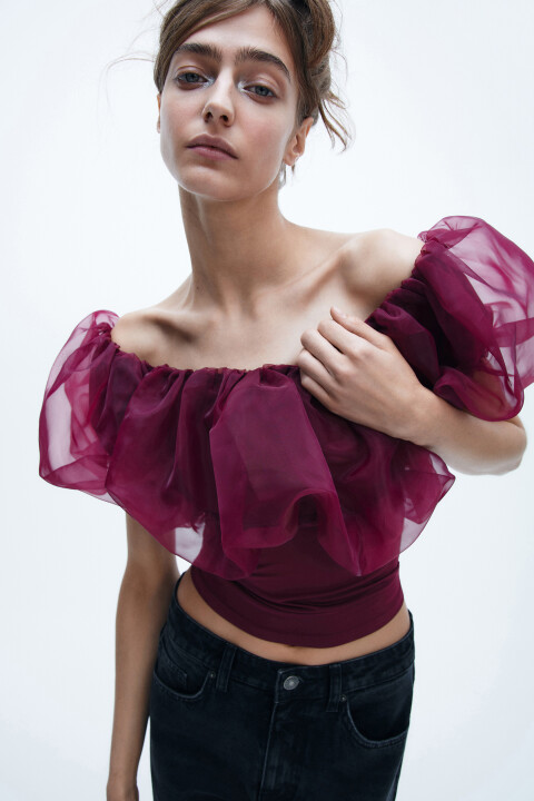 

Топ с пышным лифом из органзы, Красный, Топ с пышным лифом из органзы