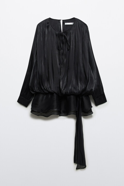 

Блузка объемная с баской и поясом, Черный, Блузка объемная с баской и поясом