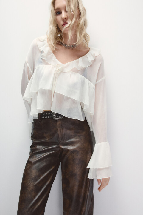 

Блузка шифоновая с воланами, Молочный, Блузка шифоновая с воланами