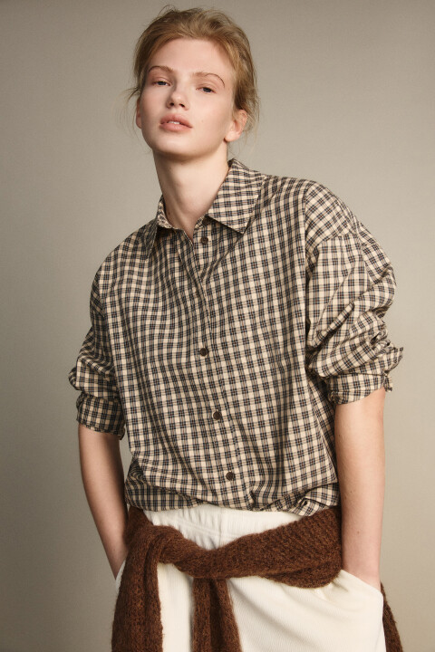 

Рубашка oversize в клетку, Бежевый, Рубашка oversize в клетку