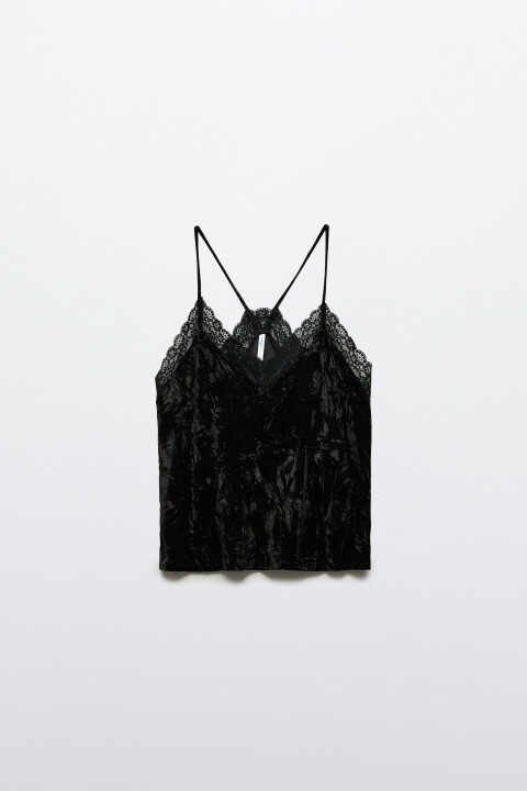 

Топ с кружевом и бархатной фактурой, Черный, Топ с кружевом и бархатной фактурой