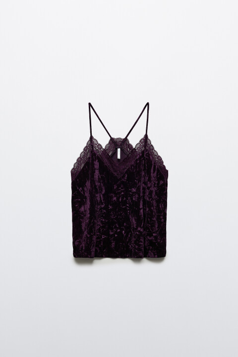 

Топ с кружевом и бархатной фактурой, Черный, Топ с кружевом и бархатной фактурой