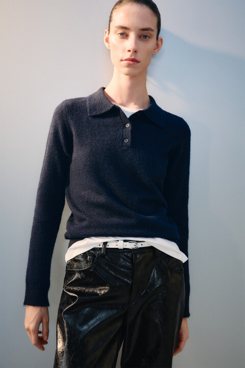 

Джемпер-поло вязаный с шерстью, Синий, Джемпер-поло вязаный с шерстью