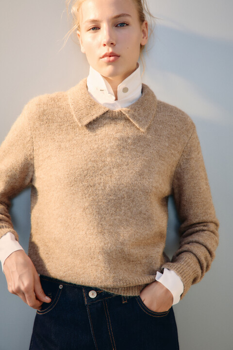 

Джемпер шерстяной с отложным воротником, Бежевый, Джемпер шерстяной с отложным воротником