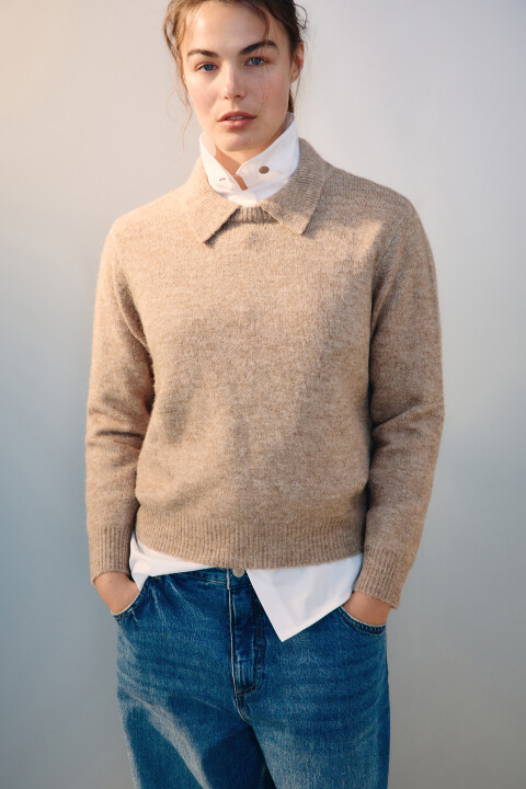 

Джемпер шерстяной с отложным воротником, Бежевый, Джемпер шерстяной с отложным воротником