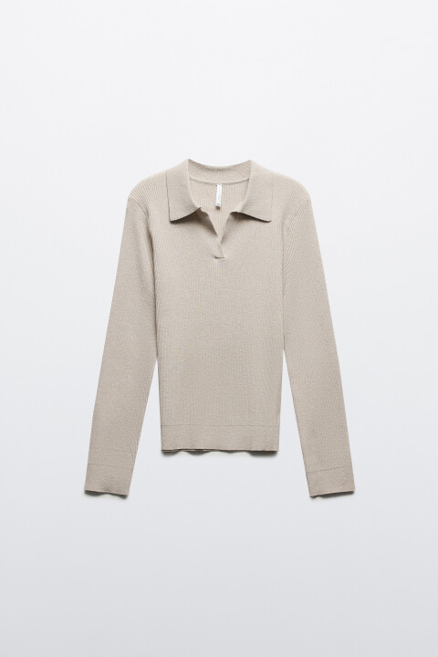 

Джемпер вязаный с воротником-поло, Бежевый, Джемпер вязаный с воротником-поло