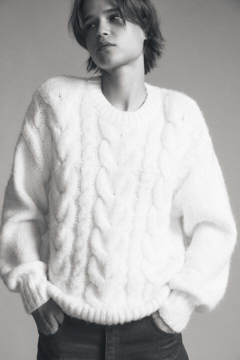 

Джемпер вязаный с узором-косичкой, Молочный, Джемпер вязаный с узором-косичкой