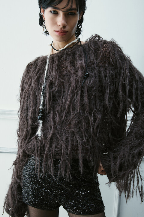 

Джемпер вязаный с длинной бахромой, Коричневый, Джемпер вязаный с длинной бахромой