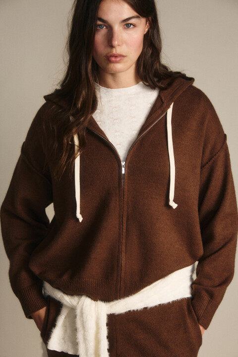

Толстовка на молнии вязаная с капюшоном, Коричневый, Толстовка на молнии вязаная с капюшоном