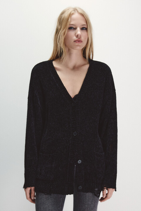 

Кардиган велюровый с рваными краями, Черный, Кардиган велюровый с рваными краями