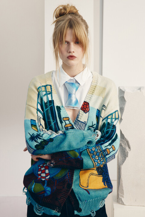 

Кардиган на пуговицах рваный с принтом, Мультиколор, Кардиган на пуговицах рваный с принтом