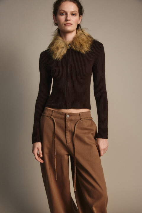 

Кардиган на молнии с меховым воротником, Коричневый, Кардиган на молнии с меховым воротником