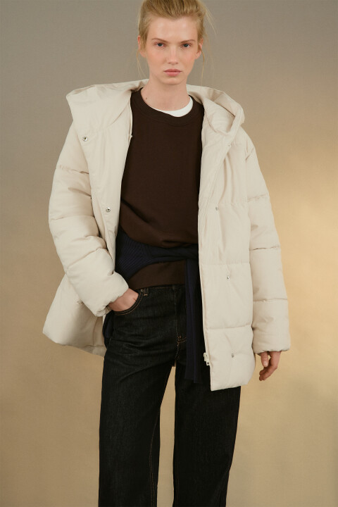 

Куртка стеганая с капюшоном и поясом, Молочный, Куртка стеганая с капюшоном и поясом