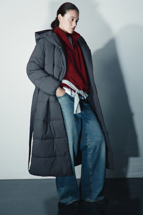 

Пальто стеганое с капюшоном и поясом, Черный, Пальто стеганое с капюшоном и поясом