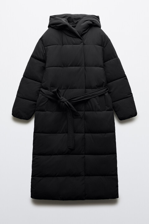 

Пальто стеганое с капюшоном и поясом, Черный, Пальто стеганое с капюшоном и поясом