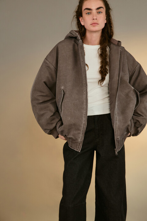 

Куртка-бомбер oversize с капюшоном, Коричневый, Куртка-бомбер oversize с капюшоном