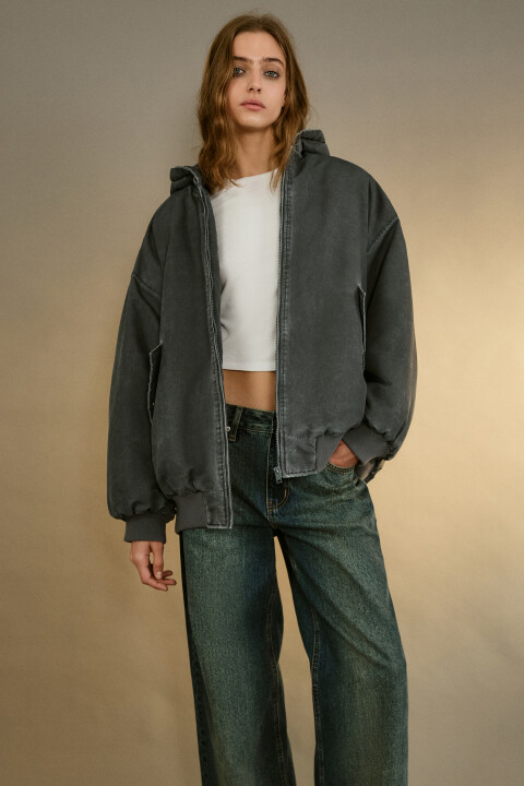 

Куртка-бомбер oversize с капюшоном, Серый, Куртка-бомбер oversize с капюшоном