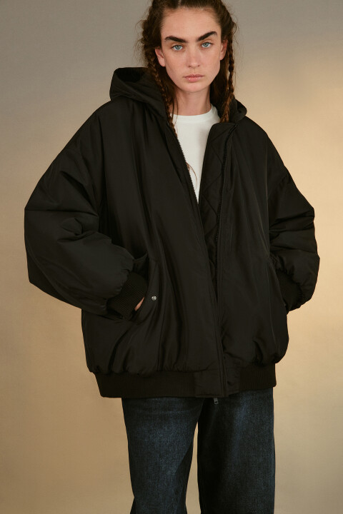 

Куртка-бомбер oversize с капюшоном, Черный, Куртка-бомбер oversize с капюшоном