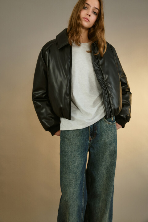 

Куртка-бомбер с кожаной фактурой, Черный, Куртка-бомбер с кожаной фактурой