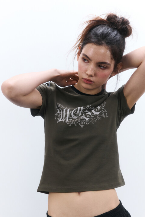 

Футболка-топ с лампасами и принтом, Зеленый, Футболка-топ с лампасами и принтом