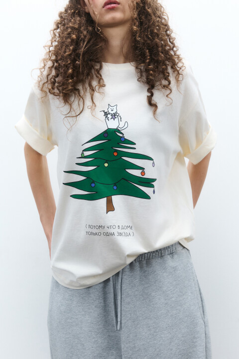 

Футболка с новогодним принтом, Бежевый, Футболка с новогодним принтом