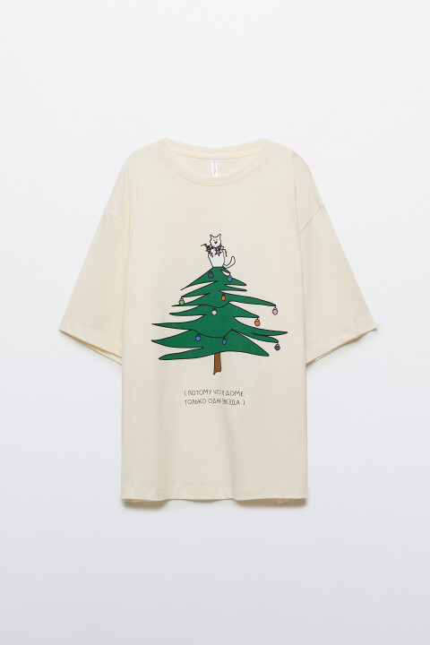 

Футболка с новогодним принтом, Бежевый, Футболка с новогодним принтом