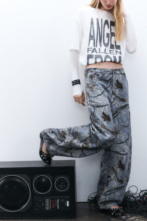 

Брюки широкие хлопковые с принтом, Серый, Брюки широкие хлопковые с принтом