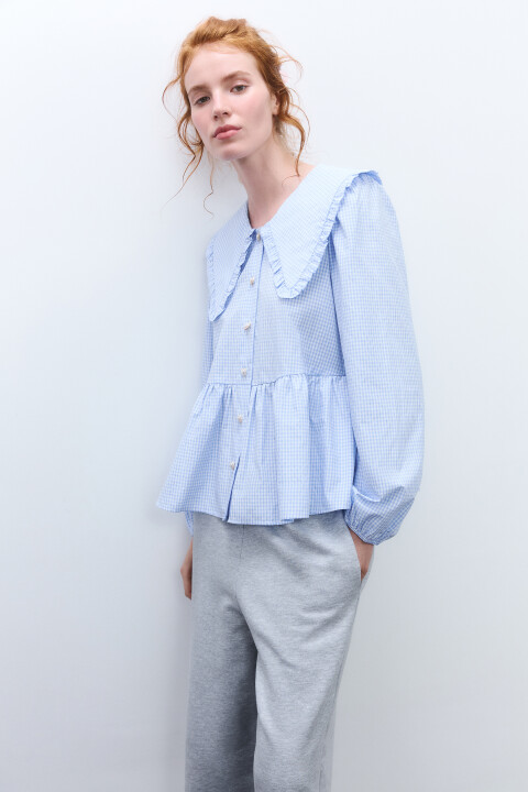 

Блузка в клетку с оборками, Голубой, Блузка в клетку с оборками