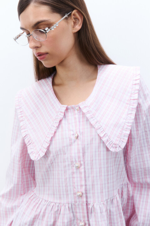 

Блузка в клетку с оборками, Розовый, Блузка в клетку с оборками