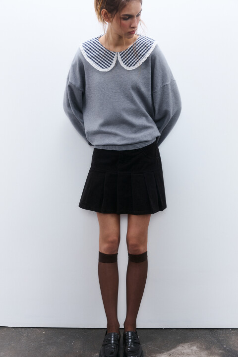 

Джемпер вязаный с принтом и воротником, Серый, Джемпер вязаный с принтом и воротником