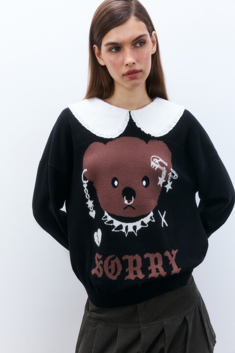 

Джемпер вязаный с принтом и воротником, Черный, Джемпер вязаный с принтом и воротником