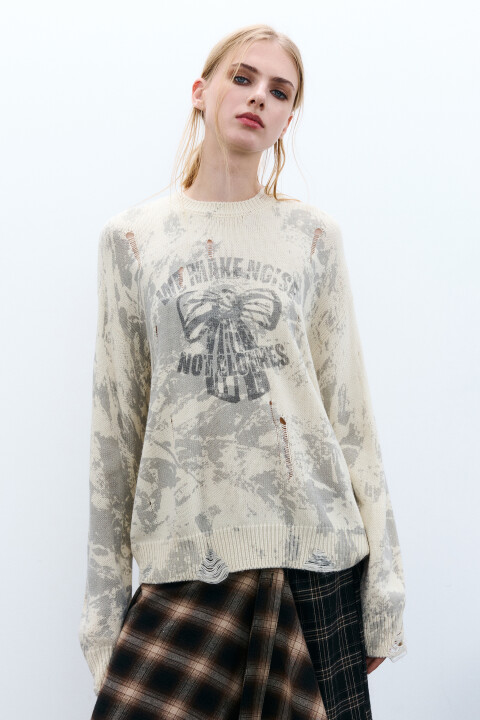 

Джемпер вязаный рваный с принтом, Белый, Джемпер вязаный рваный с принтом