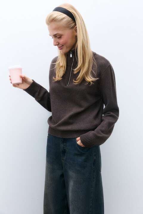 

Свитер с воротником на молнии, Коричневый, Свитер с воротником на молнии