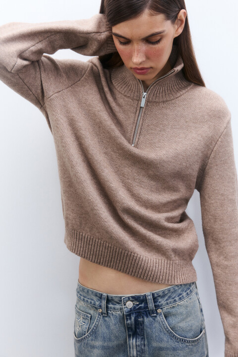 

Свитер с воротником на молнии, Бежевый, Свитер с воротником на молнии