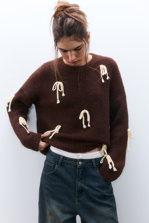 

Джемпер вязаный с декором, Коричневый, Джемпер вязаный с декором