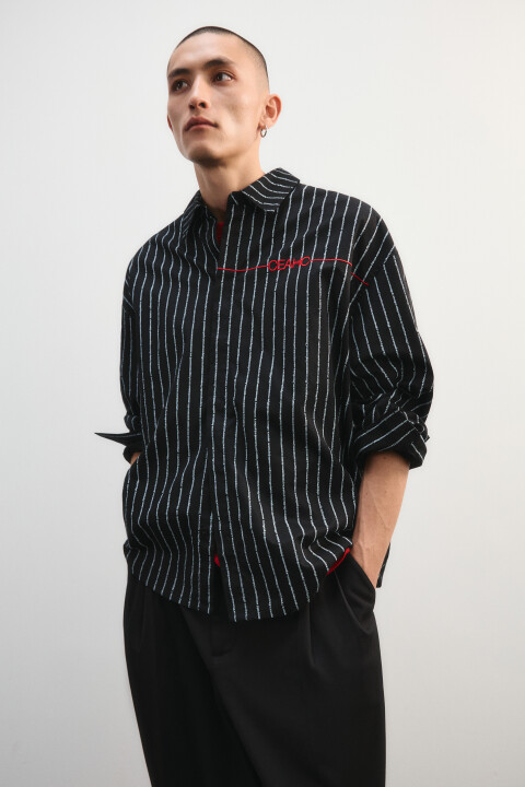 

Рубашка хлопковая в полоску, Черный, Рубашка хлопковая в полоску