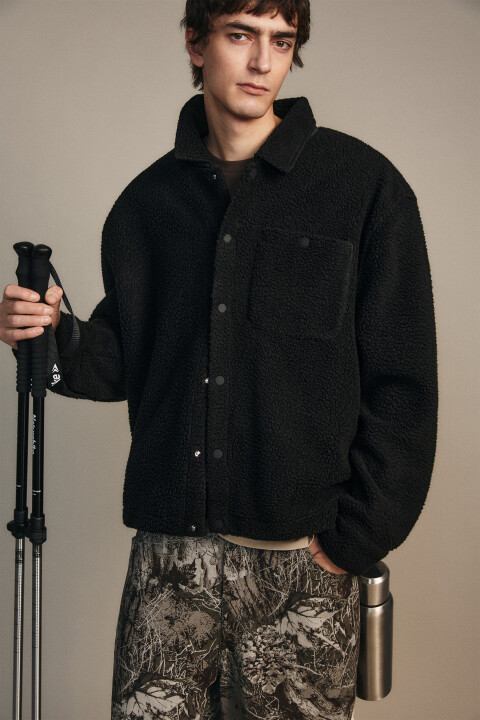 

Рубашка-овершот флисовая с карманом, Черный, Рубашка-овершот флисовая с карманом