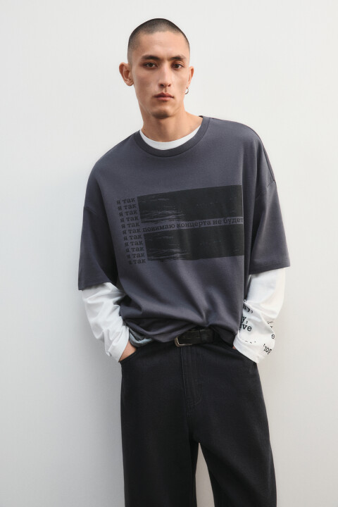 

Футболка oversize с принтом, Серый, Футболка oversize с принтом