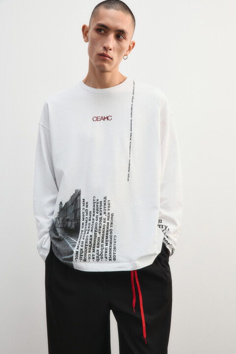 

Лонгслив хлопковый с принтом, Белый, Лонгслив хлопковый с принтом