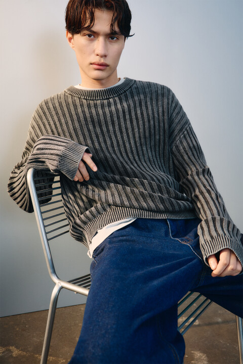 

Джемпер вязаный в рубчик, Серый, Джемпер вязаный в рубчик