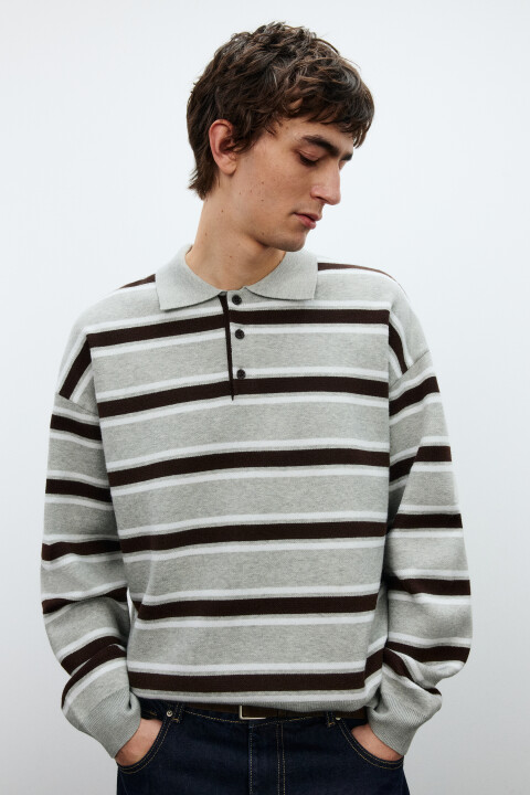 

Джемпер-поло вязаный в полоску, Серый, Джемпер-поло вязаный в полоску