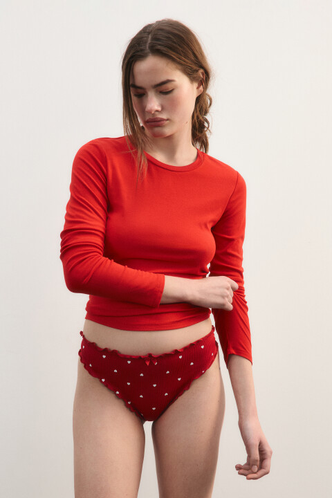 

Трусы-танга в рубчик с оборками, Красный, Трусы-танга в рубчик с оборками