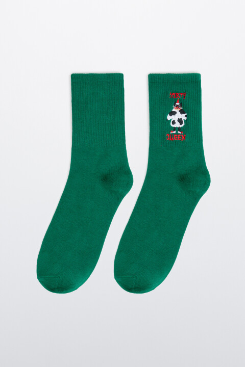 

Носки в рубчик с новогодней вышивкой, Зеленый, Носки в рубчик с новогодней вышивкой