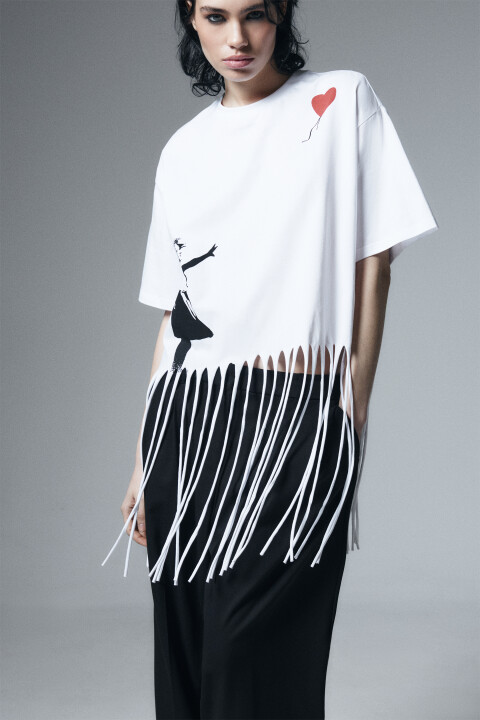 

Футболка хлопковая oversize с принтом и бахромой, Белый, Футболка хлопковая oversize с принтом и бахромой