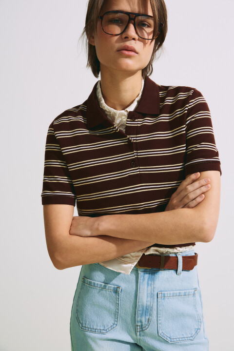 

Футболка-поло хлопковая в полоску, Коричневый, Футболка-поло хлопковая в полоску